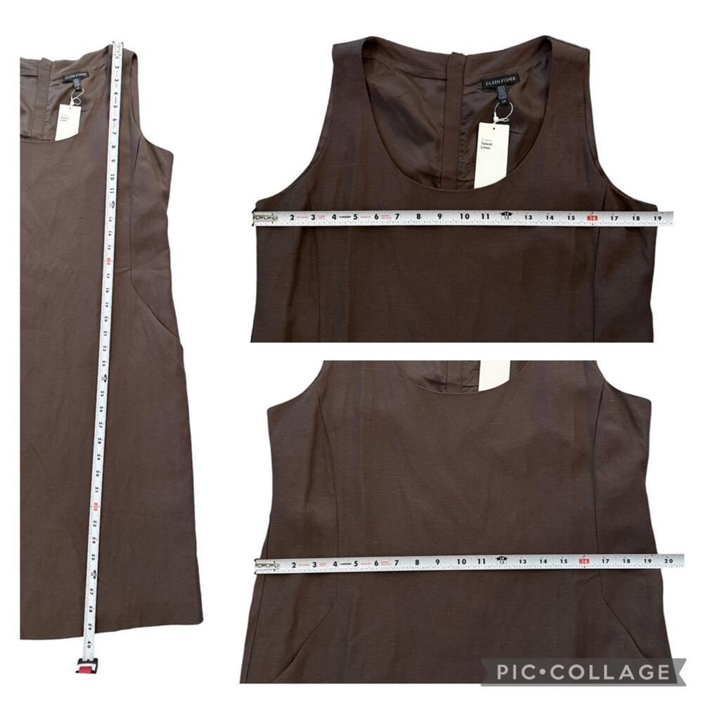 EILEEN FISHER Drapey Tencel Linen Scoop Neck Shift Dress Pockets Brown Small NEW - Picture 7 of 9